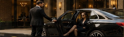 Executive passenger entering a premium chauffeur vehicle
