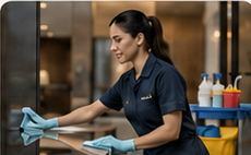 Professional cleaner actively cleaning a workplace surface