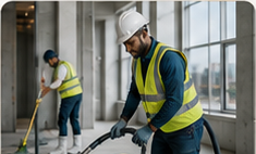 Black cleaning professionals removing dust and debris on a post-construction site