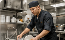 Dishwasher working in a professional commercial kitchen