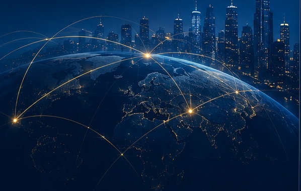 Connected globe and international city representing Moro Group’s global vision.