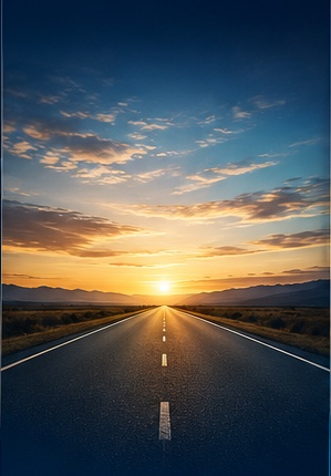 Open road at sunrise representing opportunity and future possibilities.